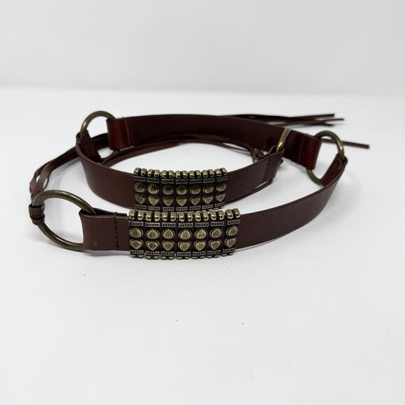 Brown Leather Brass Ring Tie Belt Sliding Brass Bars Fringe Belt Women\'s L Boho main image 6